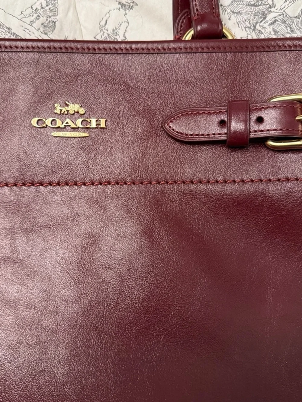 Coach Easton Wine Leather Tote with Gold Accents